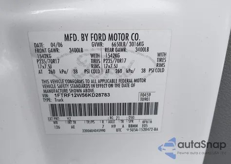 2006 Ford F-150 Stx/Xl/Xlt from USA, damaged, VIN 1FTRF12W56KD28783